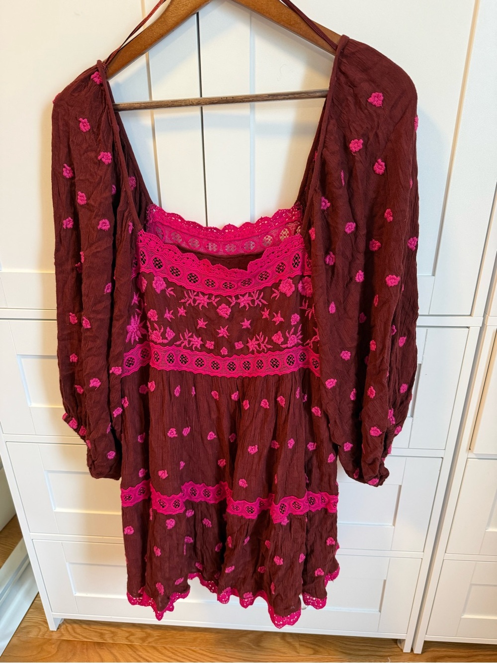 Free People Burgundy Dress with Hot Pink Embroidery